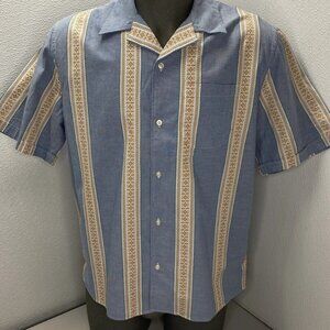 Bonne Gueule Men's Bidart Short Sleeve Cotton Shirt Blue Geometric Pattern Size